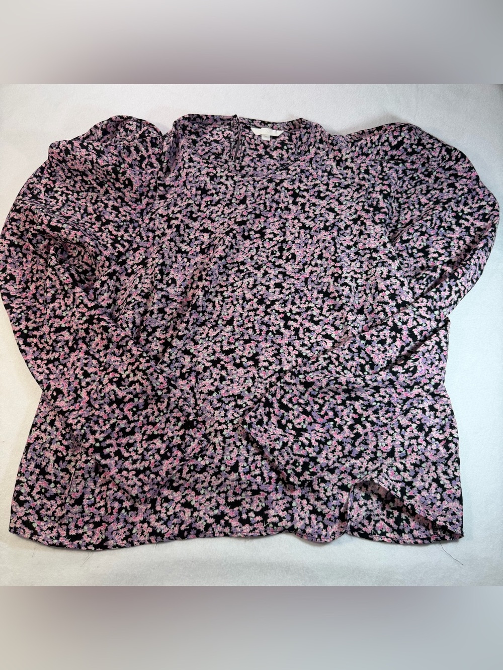 H&M XL Floral Peplum Blouse Pink Black Puff Sleeve Long Sleeve